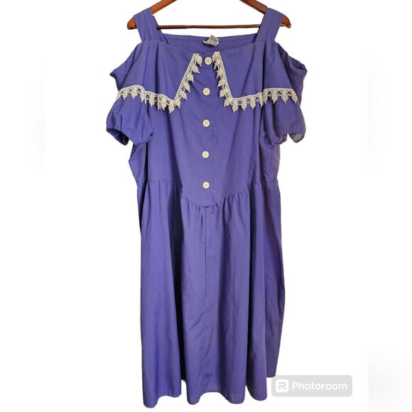 Vintage 80s 90s Cottagecore Purple White Decorative Collar Cold Shoulder Dress - Picture 1 of 7